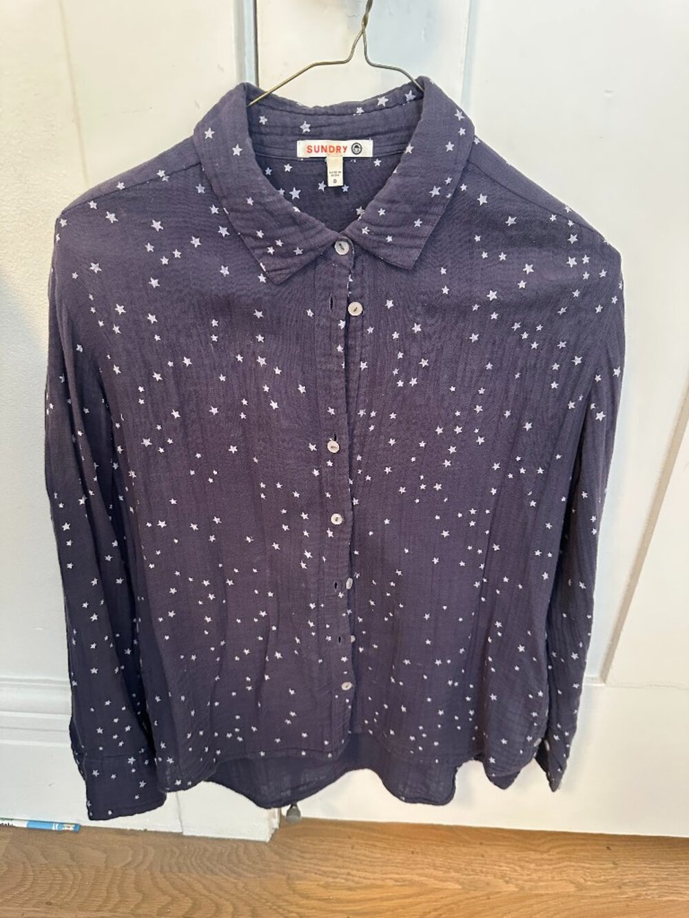 Sundry Blue Star Print Gauze Button-Down Shirt | Size 0 (XS) side Button Detail
